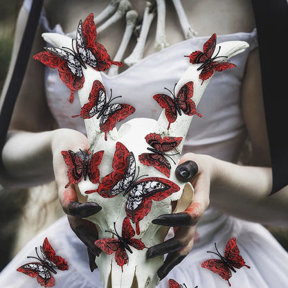 12PCS 3D Blood Rose Butterfly Halloween Wall Stickers, Double-Layer PVC Butterflies, Self-Adhesive Gothic Wall Decals, Spooky Party Decorations, Halloween Home Decor