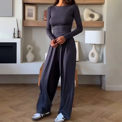 Ensemble deux pièces pour femme, comprenant un haut à col rond et manches longues et un pantalon taille élastique, décontracté pour l'automne
