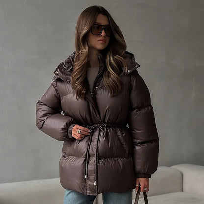 Women’s Long Puffer Winter Coat – Thick Warm Maxi Padded Jacket with Faux Fur Hood, Drawstring Waist & Zip-Up Button Closure