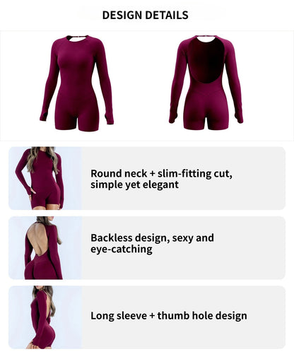 Denyf Women’s Activewear Bodysuit – Backless One Piece Long Sleeve Seamless High Stretch Yoga, Run & Gym Fitness Suit