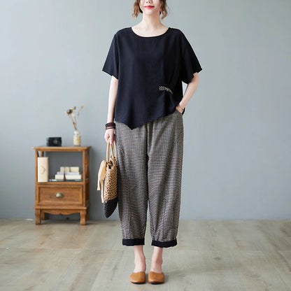 Women's Cotton Linen Two-Piece Set – Summer Wide-Leg Pants & Asymmetric Button Top Chinese-Style Casual Outfit
