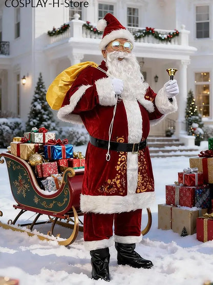 Men's Santa Claus Costume Set Gold Foil Print Christmas Outfit, Sizes M–6XL, Festive Holiday Cosplay Performance Suit for Christmas Parties and Halloween Dress-Up