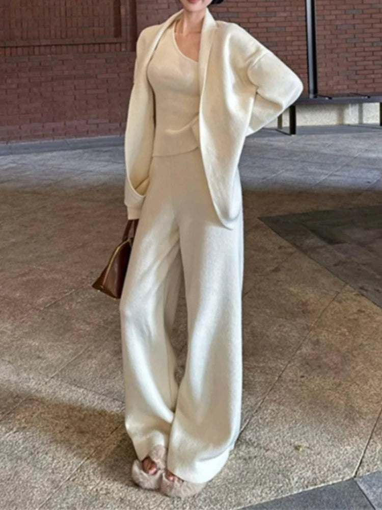 Women’s French Style 3-Piece Knit Sweater Set – Cardigan, Vest & High-Waisted Wide-Leg Pants, Elegant Casual Outfit