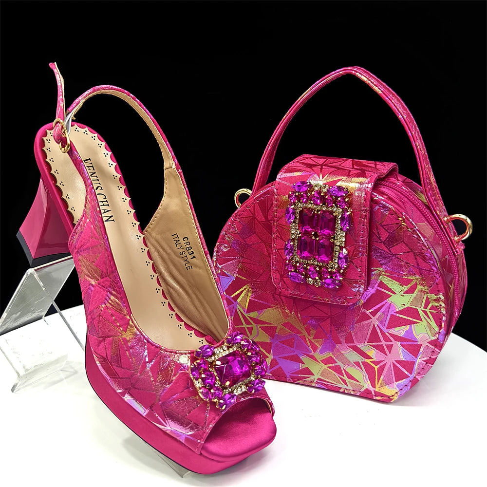 Elegant Women’s Fuchsia Peep Toe Heels & Matching Bag Set – Rhinestone Italian-Style Sandals for Parties, Weddings & Special Occasions