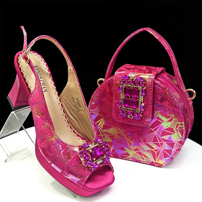 Elegant Women’s Fuchsia Peep Toe Heels & Matching Bag Set – Rhinestone Italian-Style Sandals for Parties, Weddings & Special Occasions