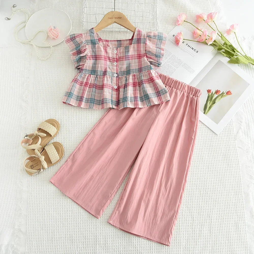 Girls Pink Checkered Two Piece Set – Square Collar Top & Wide Leg Pants Summer Outfit for Kids 3–10 Years