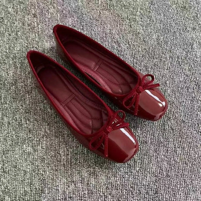Women's Patent Leather Ballet Flats – Square Toe Bow Slip-On Shoes, Soft Sole Casual Flats for Spring & Summer