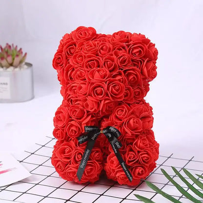 Oso de rosas artificiales de 25 cm con caja de regalo – Regalo romántico para ella en San Valentín, aniversario y boda