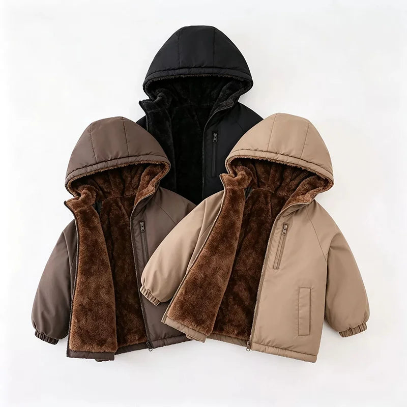 Kids Double-Sided Fleece Hooded Jacket, Thick Warm Winter Cotton-Padded Coat for Boys and Girls Ages 3-8, Solid Color Autumn Outerwear