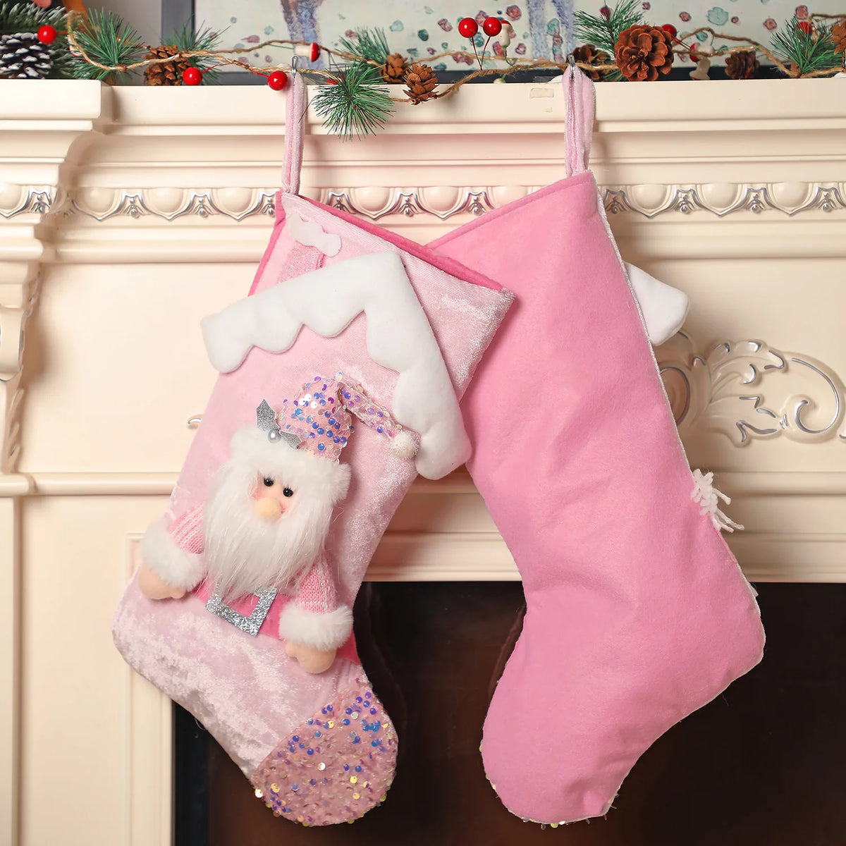 Pink Christmas Stockings – Santa Claus, Snowman & Reindeer Holiday Stocking Decorations for Family, Xmas Parties, Navidad & Home Decor