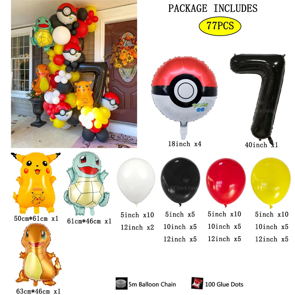 77pcs Pokémon Pikachu & Squirtle Balloon Garland Set – Red, Black & Yellow Latex Balloons for Kids Birthday Party & Baby Shower Decorations