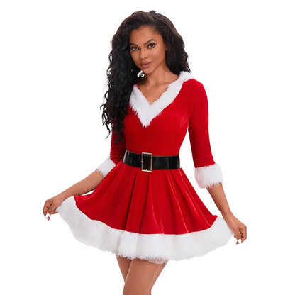 Women's Santa Claus Christmas Costume Dress with Half Sleeves and Waist Belt, Solid Color Xmas Cosplay Outfit, Ladies Holiday Fancy Dress for Christmas Parties, Festive Events and Role-Playing Celebrations