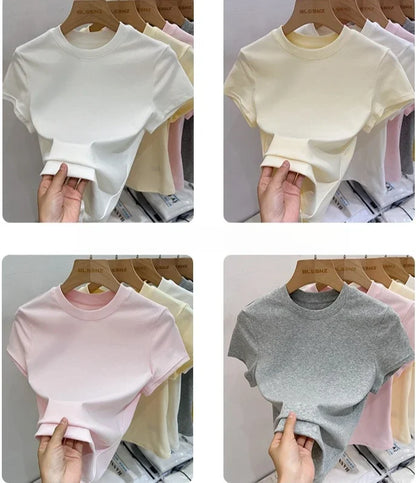 Zjaiss 2026 T-shirt col rond mode été sexy basique uni à manches courtes pour femme style coréen décontracté streetwear