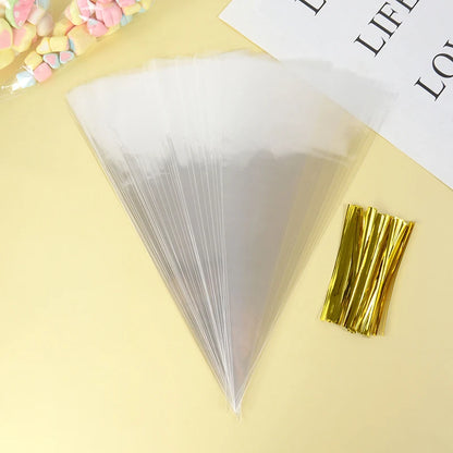 50 bolsas de celofán transparentes con forma de cono – Bolsas de plástico transparentes para palomitas, dulces, baby shower, regalos de boda y empaques de regalo