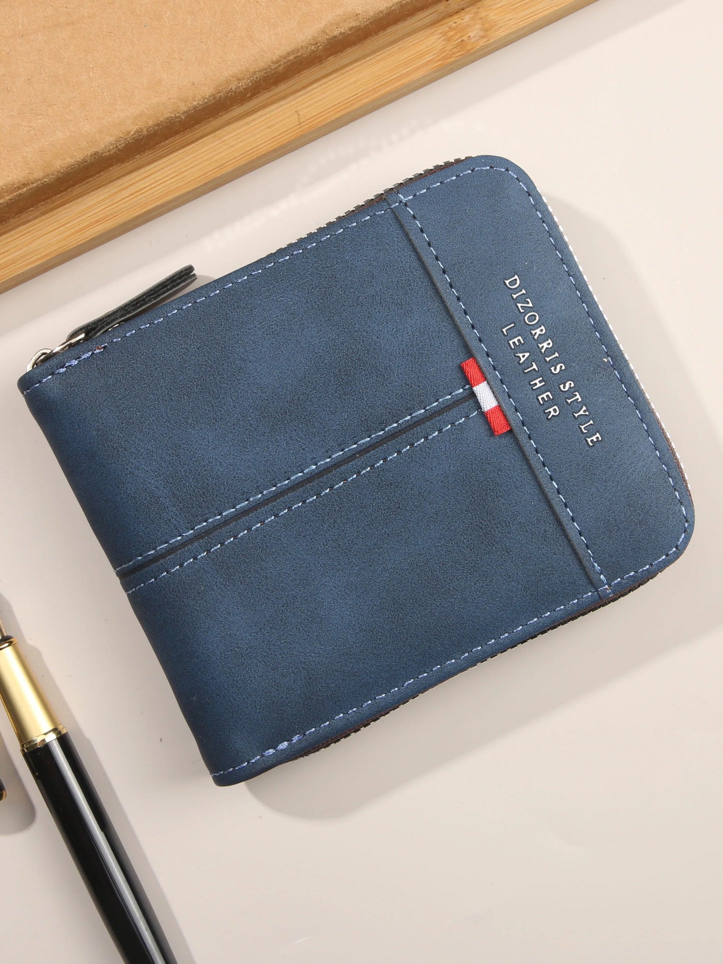 Men's Retro Trifold Wallet PU Leather Short Wallet with Zipper Coin Pocket & Buckle Closure