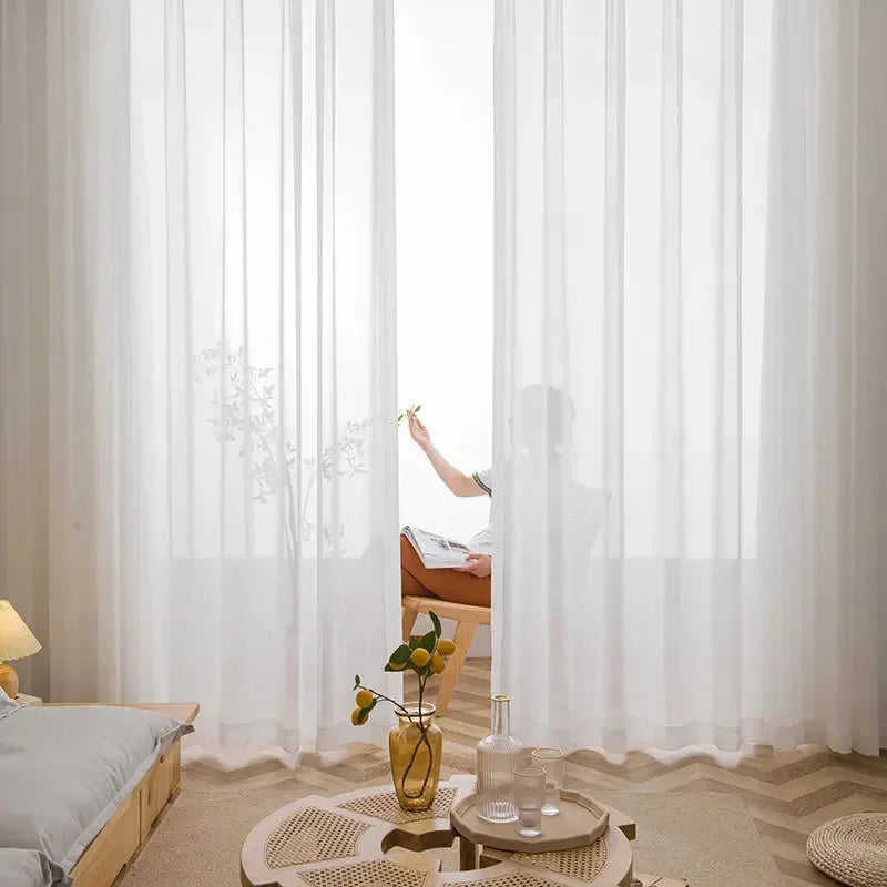 Premium Sheer Voile Curtains – White Linen-Look Window Panels for Bedroom & Living Room