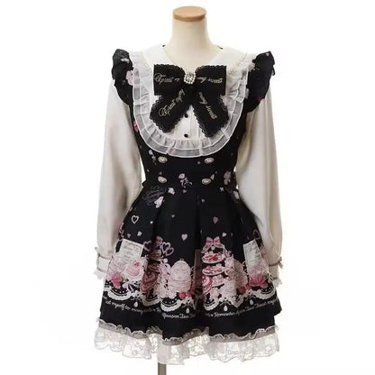 Vestido japonés Sweet Lolita Kawaii para mujer 2025, estampado de primavera, lazo, vestido falso de dos piezas, estilo coreano, ropa de fiesta