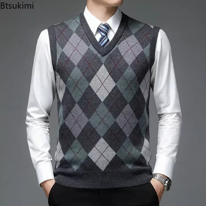 2026 Men’s Casual Knitted Sweater Vest – V-Neck Jacquard Plaid Sleeveless Pullover Top for Business, Office & Everyday Wear