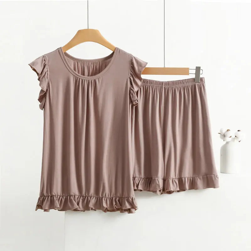 Women's Modal Lace Pajama Set – Peter Pan Collar Sleeveless Top & Shorts Two-Piece Summer Sleepwear