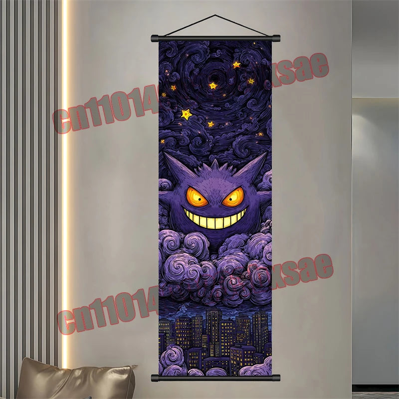 Pokémon Anime Wall Poster – Gengar Eevee Pikachu Scroll Painting Retro Canvas Artwork for Home Decor
