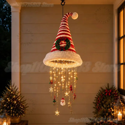Lighted Santa Hat Hanging Chandelier – Warm LED Christmas String Lights with Festive Ornaments, 3 Styles for Holiday Decor