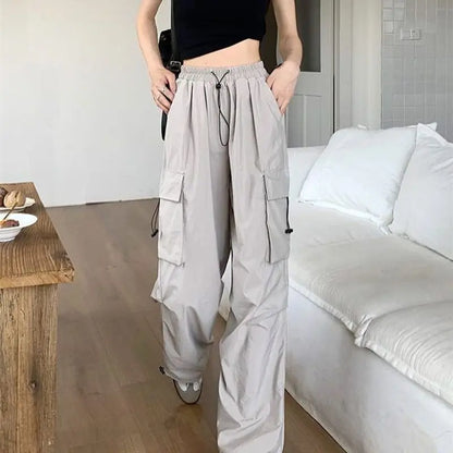 Women's Retro Workwear Pants – Loose Wide-Leg Straight Trousers with Cuffed Hem for Spring, Summer & Autumn