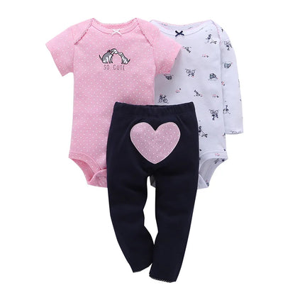 3PCS Baby Bodysuit Set – Soft Cotton Long & Short Sleeve Infant Rompers with Comfortable PP Pants for Baby Boys & Girls