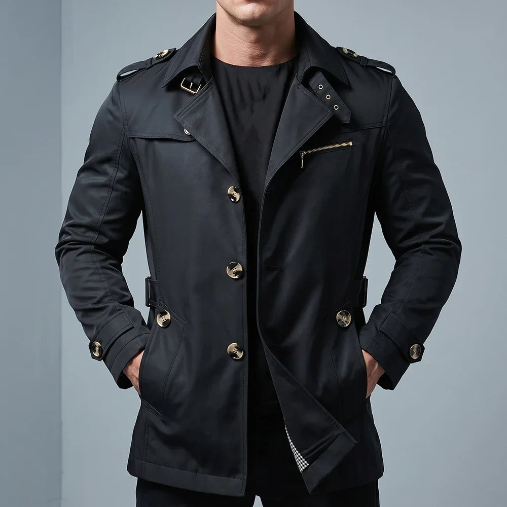 Men’s Mid-Length Trench Coat – Slim-Fit Business Casual Overcoat with Lapel Collar & Metal Buttons, Stylish Windbreaker for Commuting