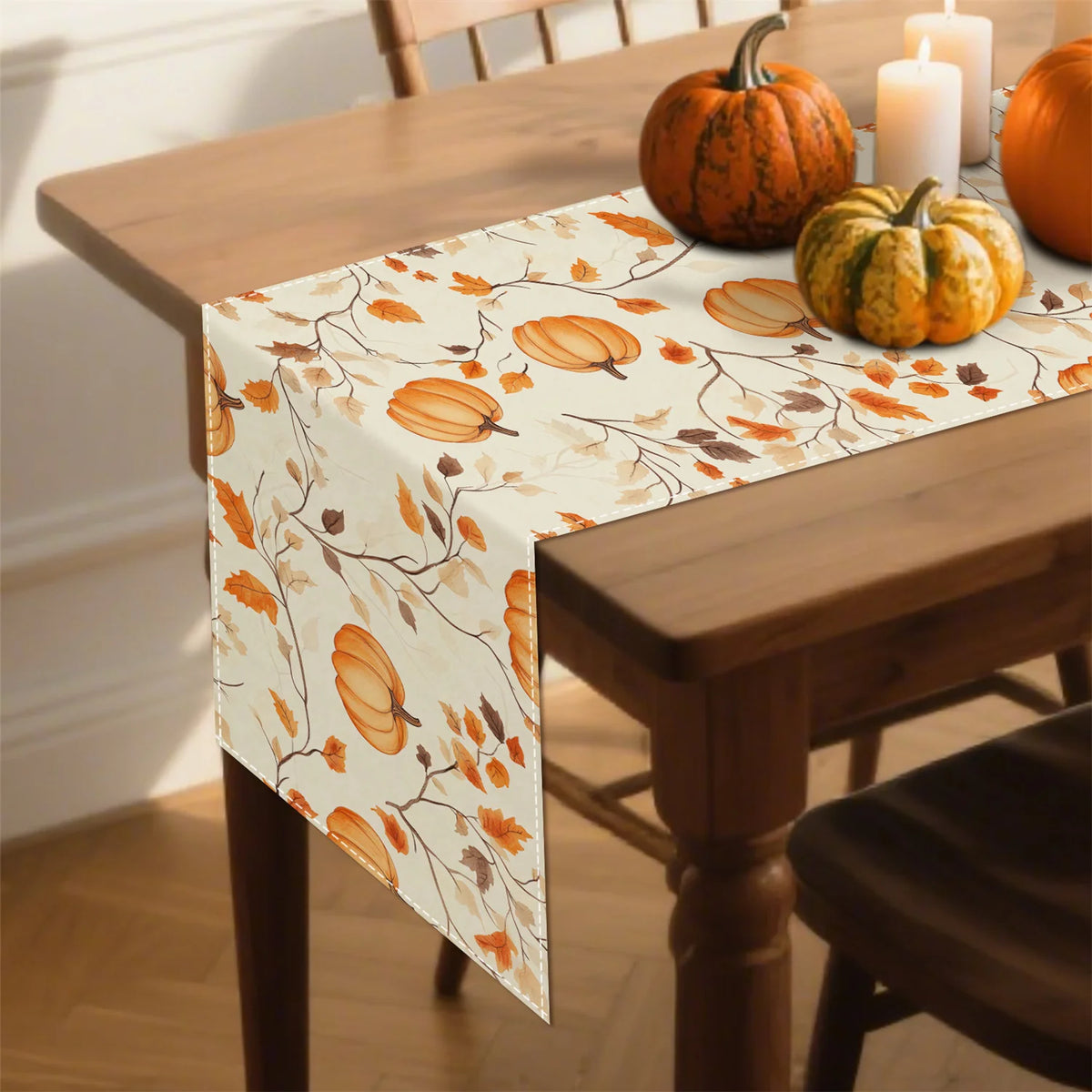 1PC Pumpkin & Fall Leaves Table Runner – Farmhouse Thanksgiving Decor for Kitchen, Dining Room, Home Tables & Holiday Parties