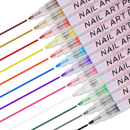 Set de 12 bolígrafos de grafiti para decoración de uñas – Herramientas delineadoras 3D impermeables para manicura y pintura de uñas DIY