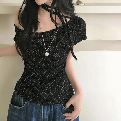 Women’s Sweet Polka Dot One Shoulder T-Shirt Korean Style Slim Fit Summer Casual Office Top