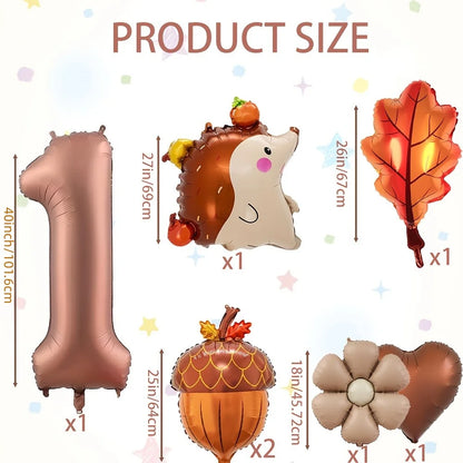 7PCS Autumn Pinecone & Hedgehog Balloon Set – 40-Inch Number Balloons 1–9 for Birthday, Thanksgiving Party Decor & Photo Props