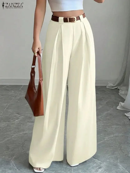 2025 ZANZEA Women's High-Waist Wide-Leg Trousers – Elegant Pleated Palazzo Pants for Office, Work, Autumn & Casual Streetwear