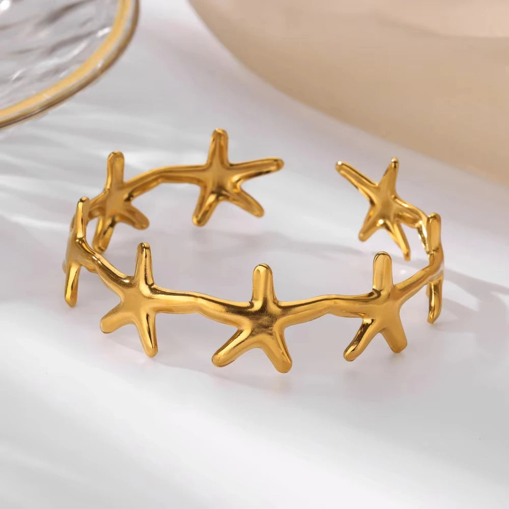 Stainless Steel Open Flower & Leaf Bangle Bracelet – Gold Geometric Cuff Bracelet for Women & Men | Minimalist Fashion Jewelry