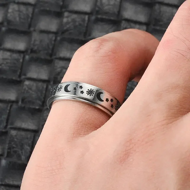 Vintage Sun Moon Star Spinner Ring – Stainless Steel Rotating Promise Band for Men & Women | Anniversary Statement Jewelry Gift