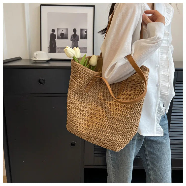 Bolso de Hombro de Paja Tejido a Mano para Mujer – Bolso Tote Bohemio de Verano para Playa, Bolso de Mano Tejido a la Moda 2025 para Viajes, Compras, Vacaciones y Uso Diario Casual