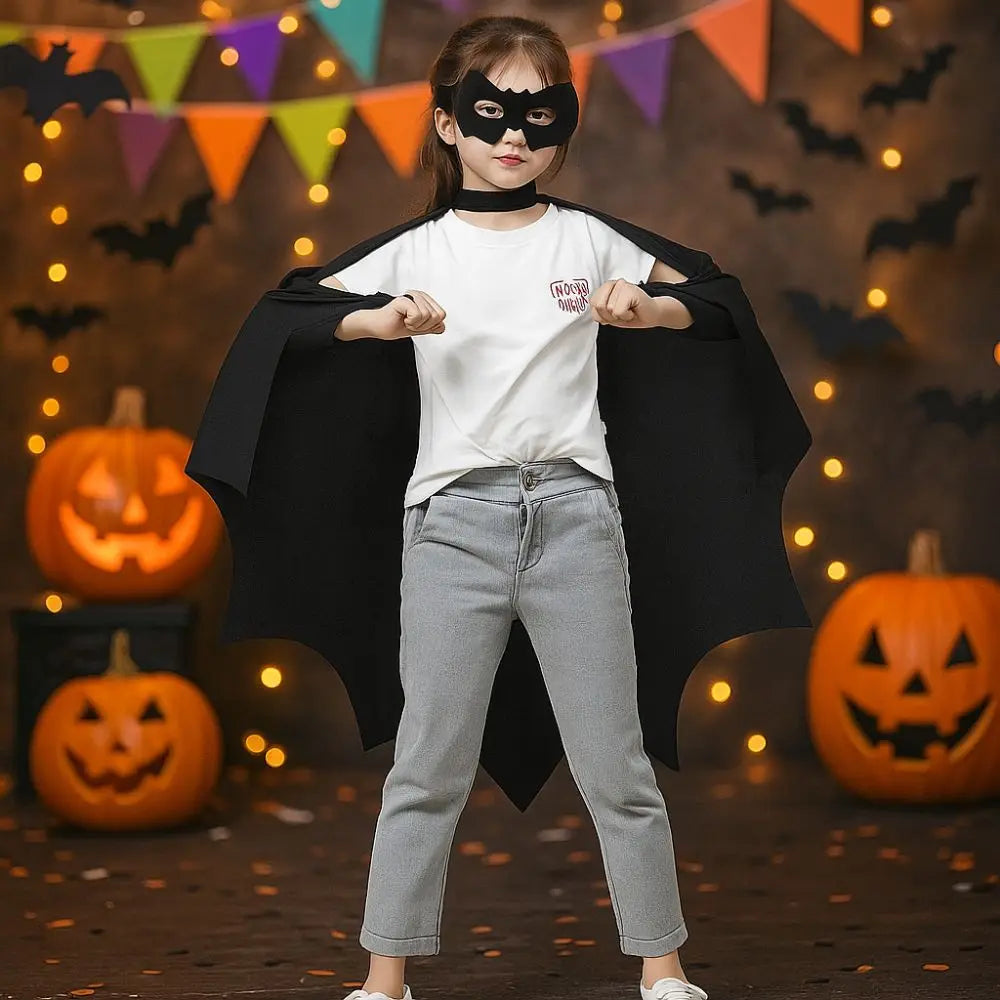 Kids’ Black Bat Cloak Costume Set – Bat Wing Cape with Eye Mask, Non-Woven Halloween Outfit for Trick-or-Treat, Parties & Stage Wear