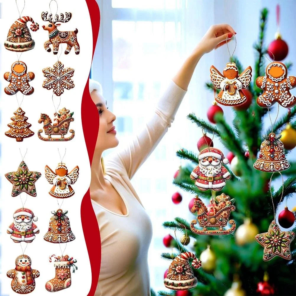 12PCS Wooden Christmas Tree Ornaments – Gingerbread, Santa Claus & Snowman Hanging Decorations for Xmas, New Year & Holiday Home Decor