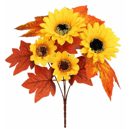 Artificial Fall Flower Bouquet with Maple Leaves & Pumpkin Accents – Faux Floral Stems for Thanksgiving, Halloween, Autumn Table Centerpieces & Home Decor