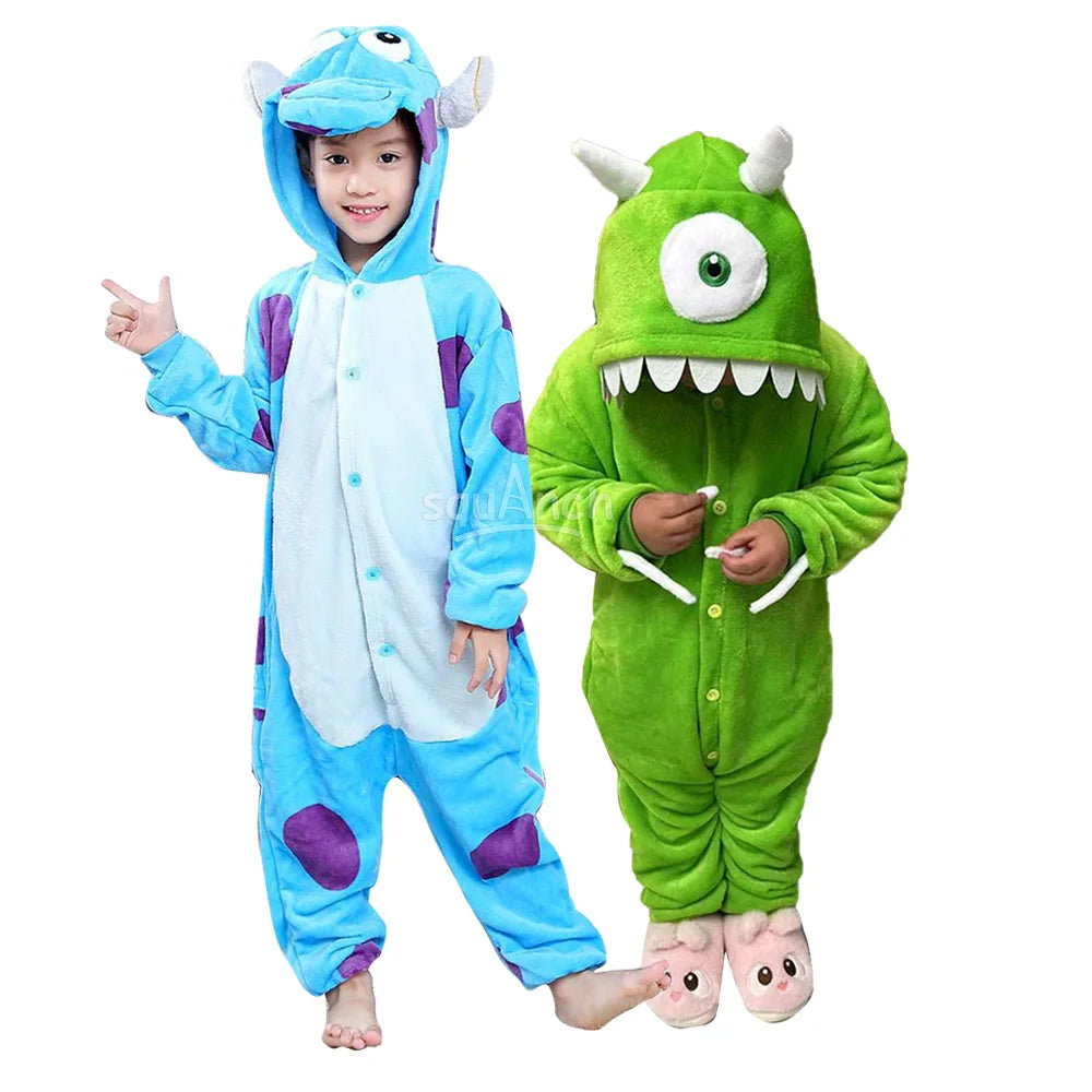 Kids Sully & Mike Kigurumi Jumpsuit – Cute Funny Halloween Costume & Warm Winter Flannel Pajama Onesie for Boys & Girls