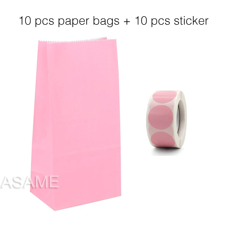 10PCS Stand-Up Colorful Gift Bags with Stickers – Solid, Striped & Polka Dot Treat Bags for Wedding, Birthday & Party Favors (18×9×6cm)