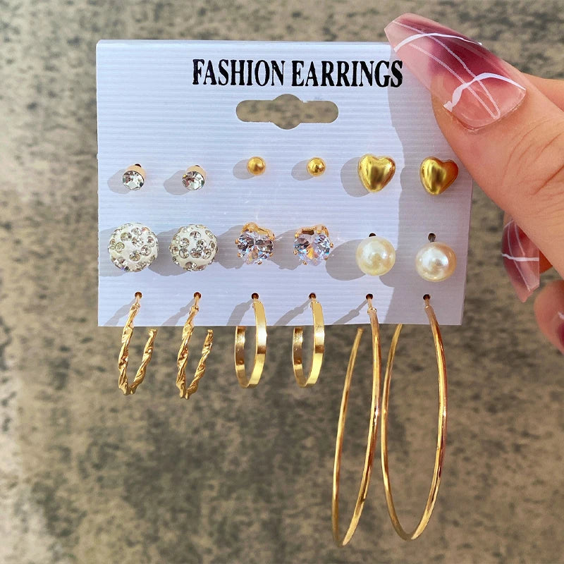 Boucles d'oreilles créoles dorées grand cercle pour femmes, ensemble bohème vintage, perle, cœur, zircon, clous, bijoux cadeau