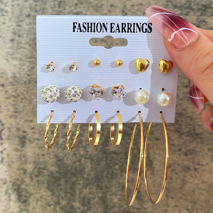 Boucles d'oreilles créoles dorées grand cercle pour femmes, ensemble bohème vintage, perle, cœur, zircon, clous, bijoux cadeau
