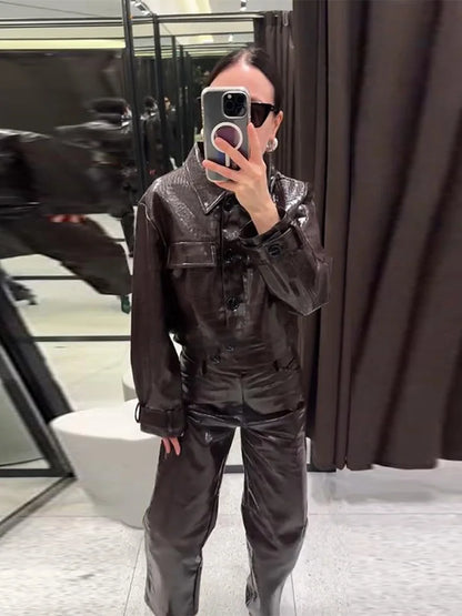 Women’s Y2K Punk Embossed Leather 2-Piece Set 2025 – Cropped Lapel Jacket & Matching High-Waist Pants, Chic Streetwear Outfit