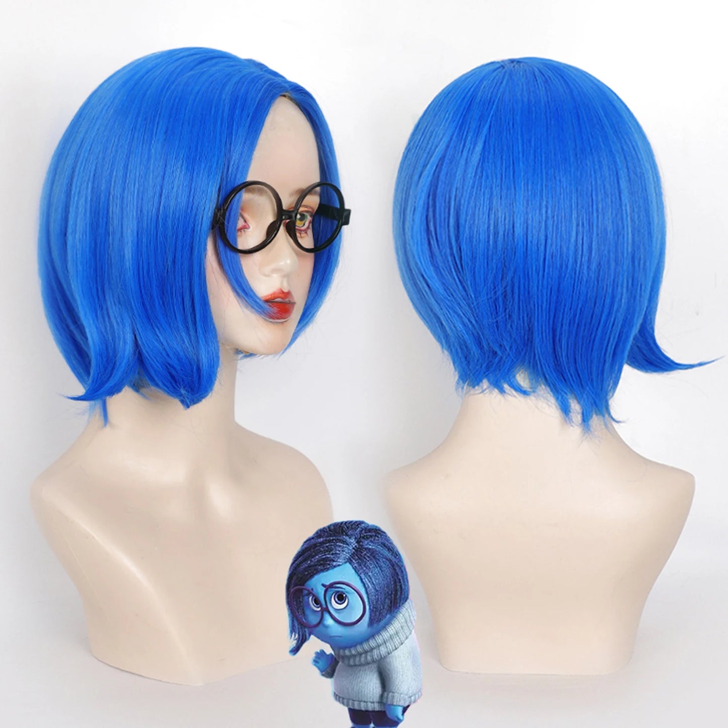 Inside Out Sadness Anime Cosplay Wig – Short Blue Bob Synthetic Wig with Wig Cap (Game & Role-Play Costume Hairpiece)