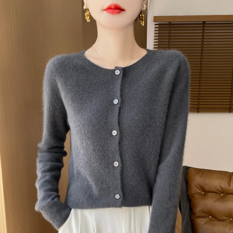 Women's 100% Merino Wool Long-Sleeve Sweater – O-Neck Knit Cardigan-Style Top for Spring & Autumn, Soft Basic Fashion Knitwear