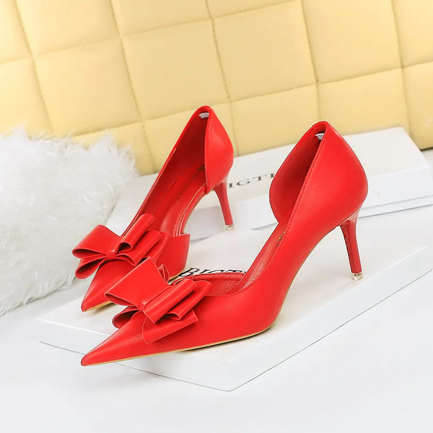 Women's Pointed Toe Stiletto High Heels with Bow Elegant Korean Wedding Pumps