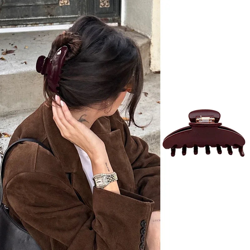 Pinza de pelo de acetato Fashion Coffee – Pinza grande de color sólido negro para mujeres y niñas | Accesorios sencillos para el pelo de verano
