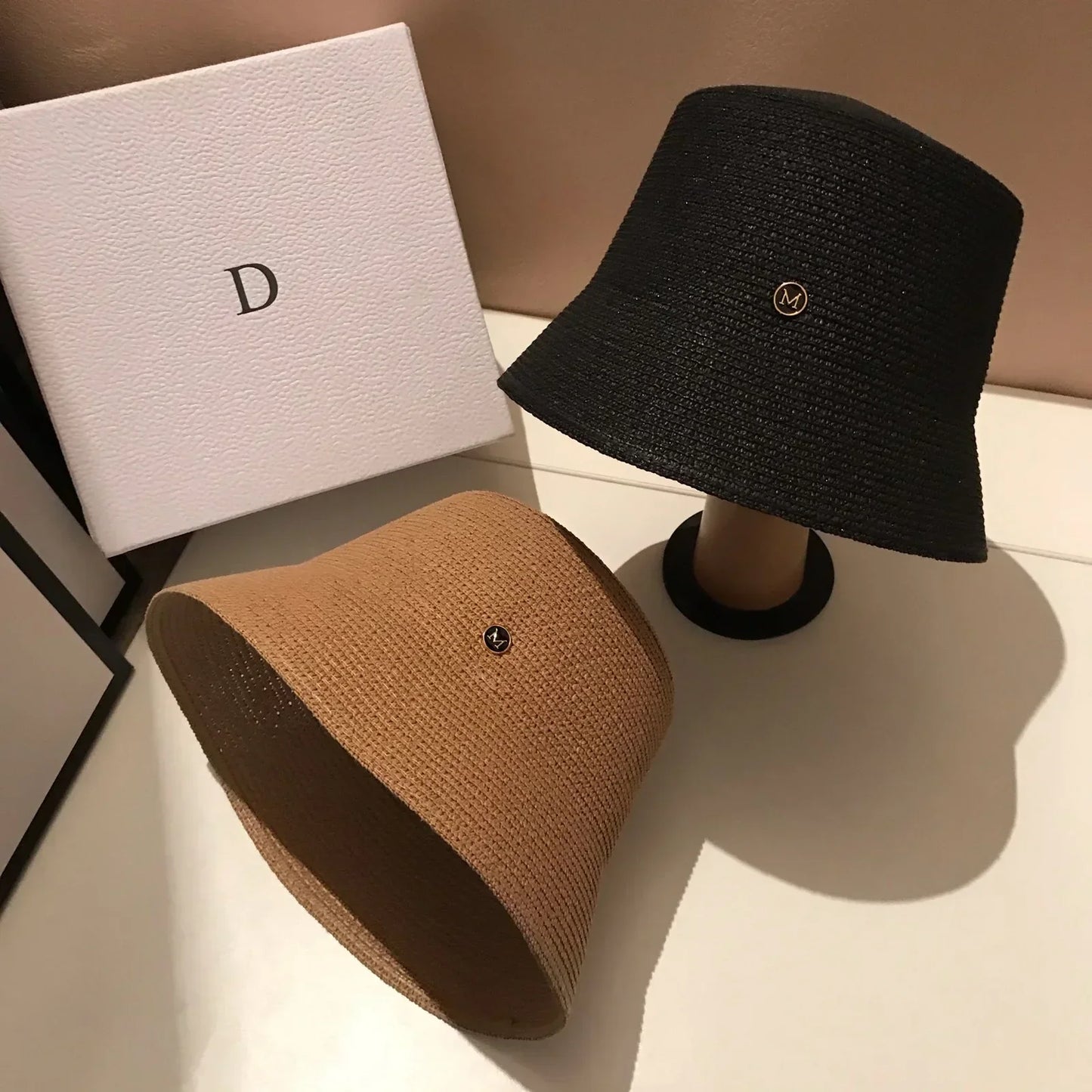 Japanese Designer M Straw Woven Summer Sun Hat for Women Casual Travel Panama Bucket Hat Sunscreen Slim-Face Luxury