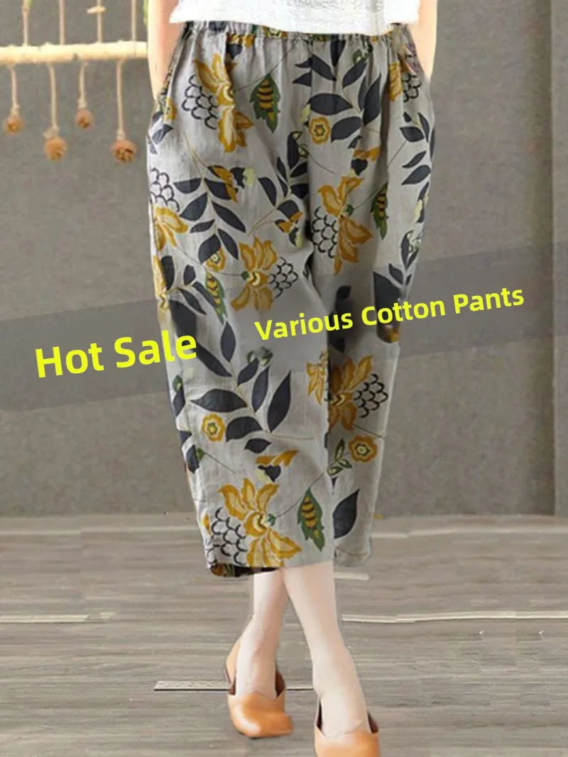 Pantalones Harlan de Verano para Mujer de Lino y Algodón, de Cintura Alta, Sueltos, Delgados, Estampados, Informales, tipo Farol, de Nueve Puntos con Bolsillos